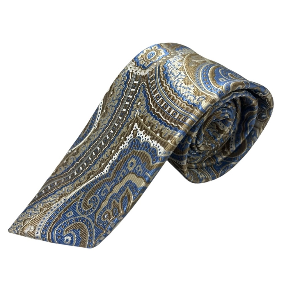 Tasso Elba Paisley 100% Silk Handmade Tie in Blue and Tan 4" x 60" classy prep